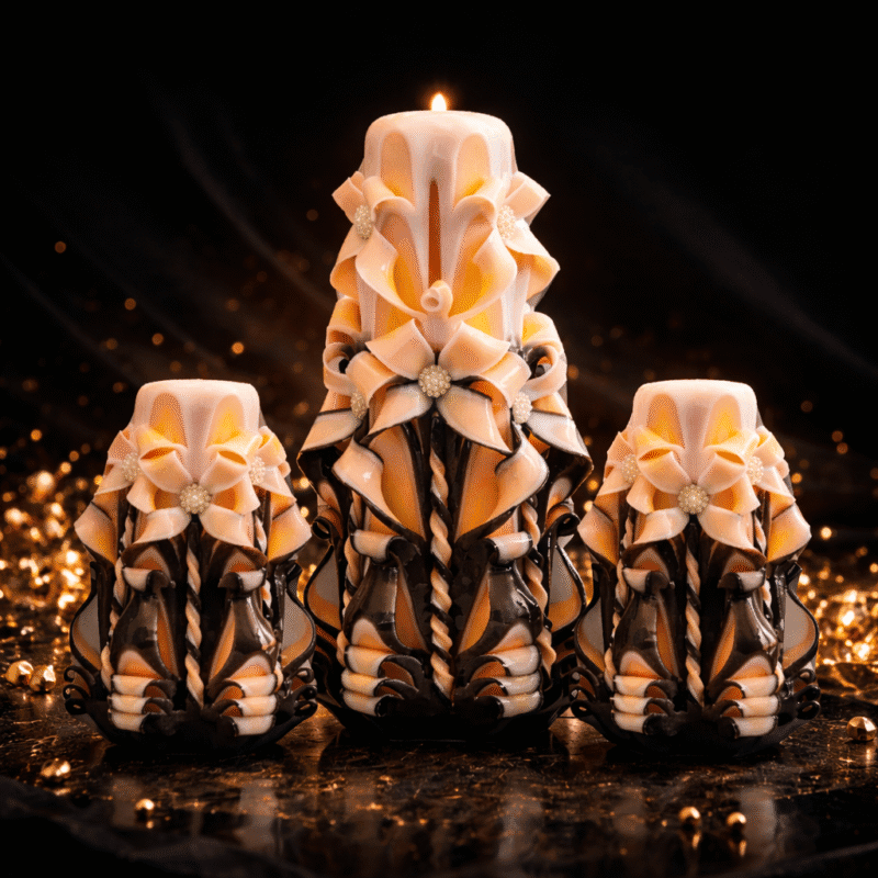 Luxury carved candles black background gold details wedding baptism event candles premium design