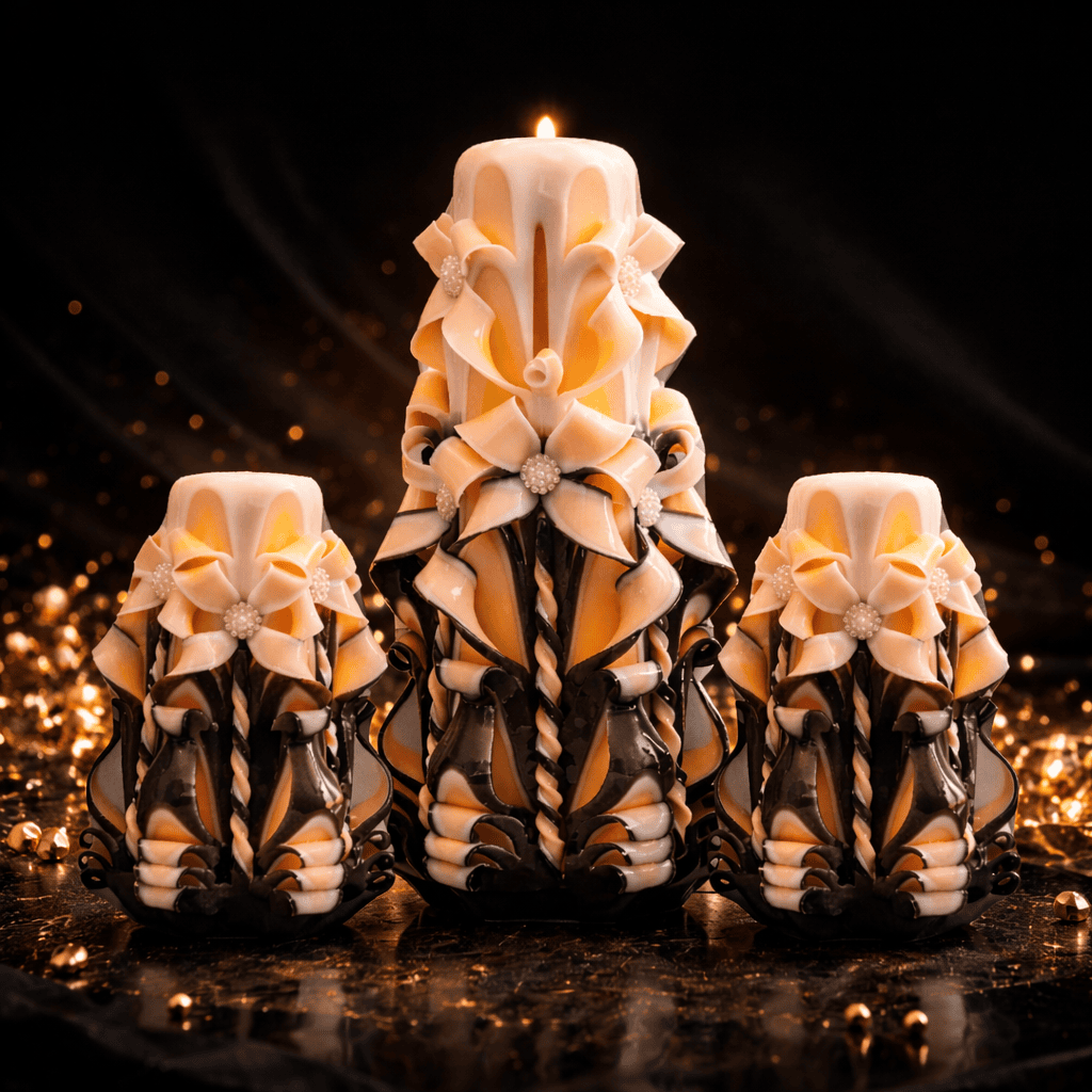 Luxury carved candles black background gold details wedding baptism event candles premium design