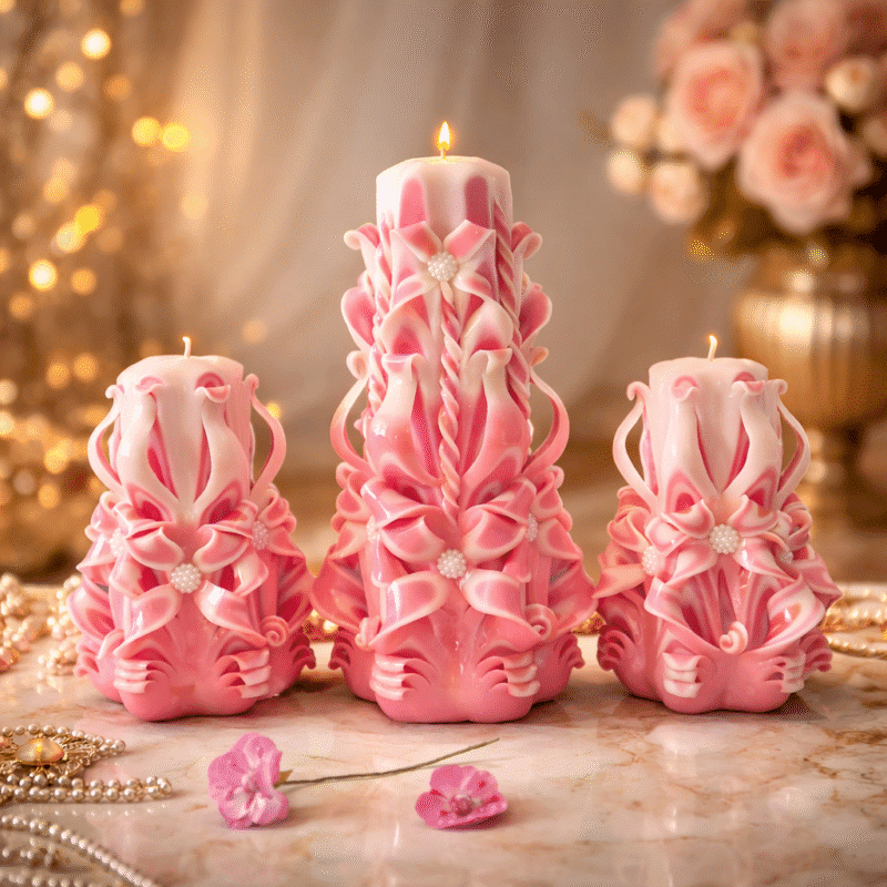 Pink carved candles with flowers in romantic luxury setting, handmade decorative candles for gifts and home decor