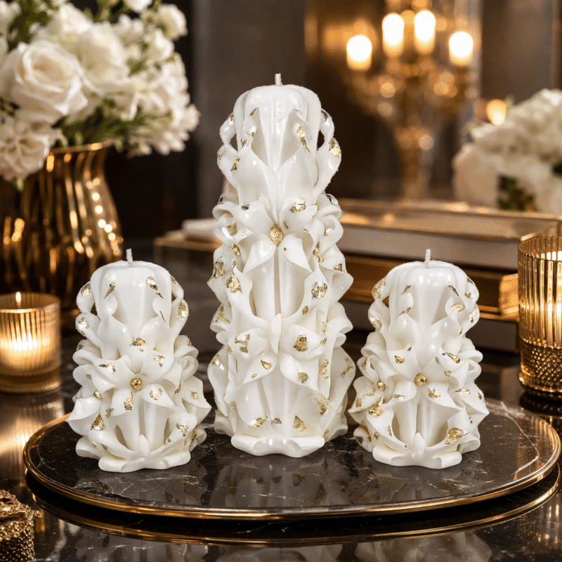 Elegant White Carved Candles – Luxury Handmade Decorative Set