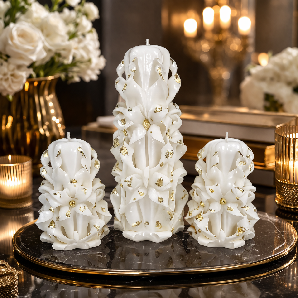Elegant White Carved Candles – Luxury Handmade Decorative Set