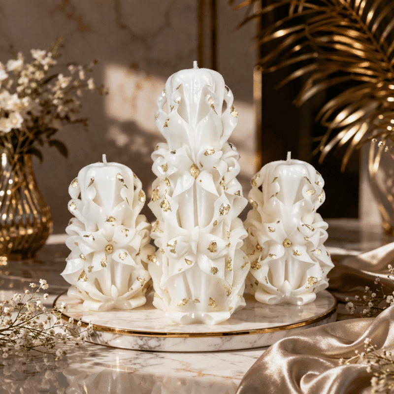 Luxury Carved Candles with Gold Flakes – Elegant Handmade Candle Set
