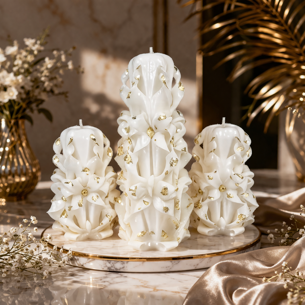 Luxury Carved Candles with Gold Flakes – Elegant Handmade Candle Set