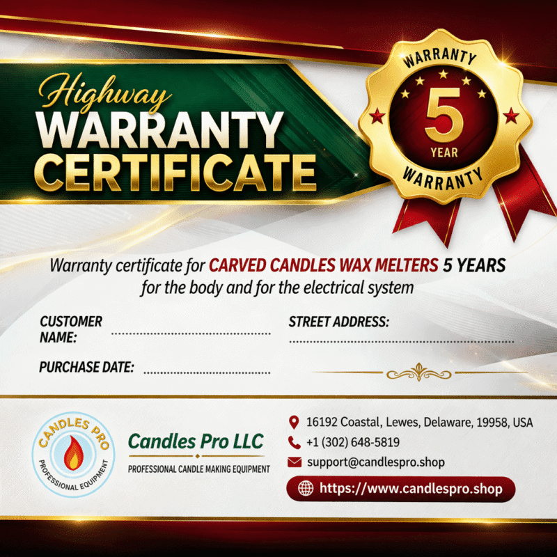 5 year warranty certificate for candle making machine and wax melter equipment candles pro
