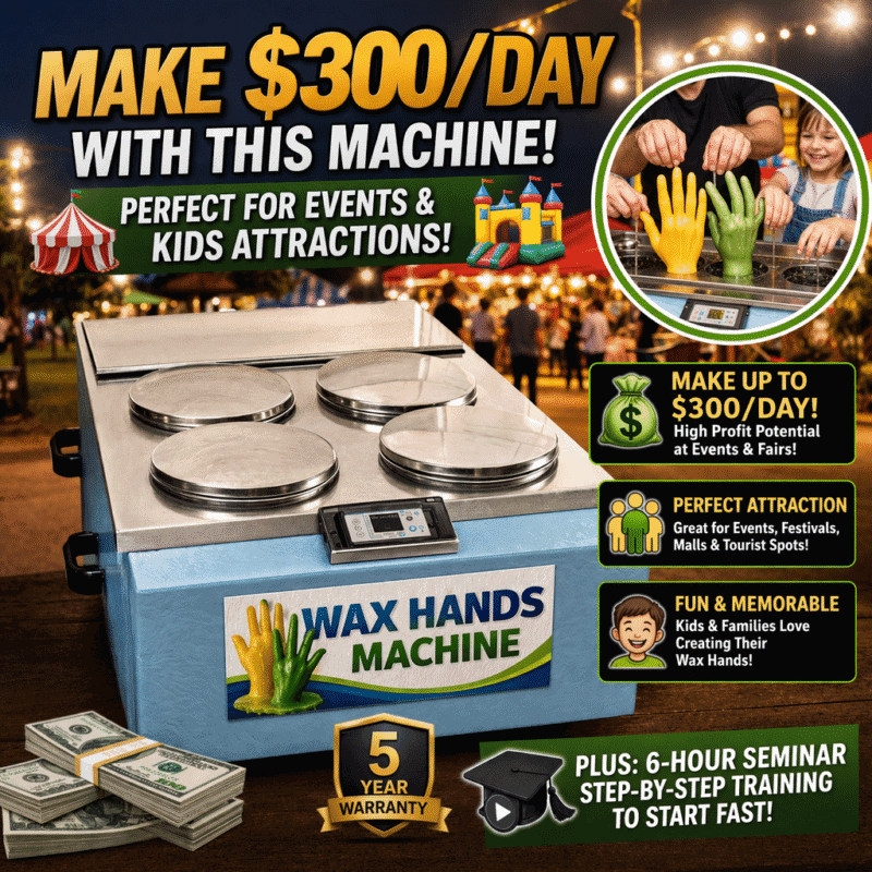 Wax Hands Machine festival business profit example $300 per day with 7 bucket system and customers