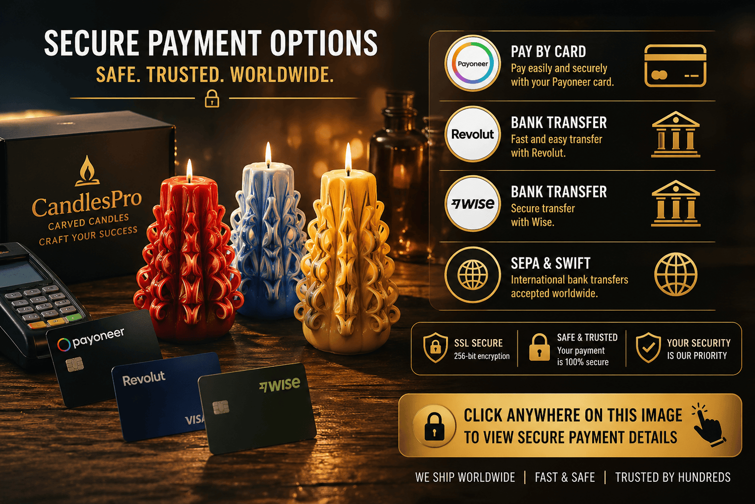Secure payment options for candle business – Payoneer card payment, Revolut and Wise bank transfer, SEPA and SWIFT worldwide
