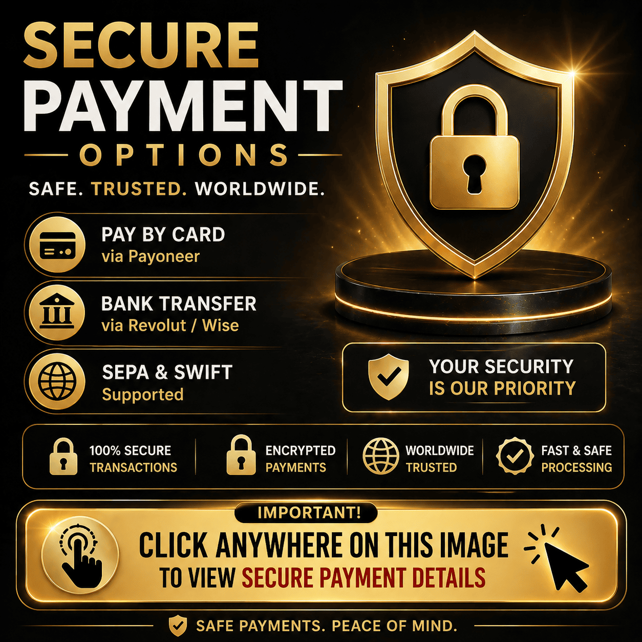 Secure payment options for carved candle machines – Payoneer card, Revolut and Wise bank transfer, SEPA and SWIFT worldwide payments